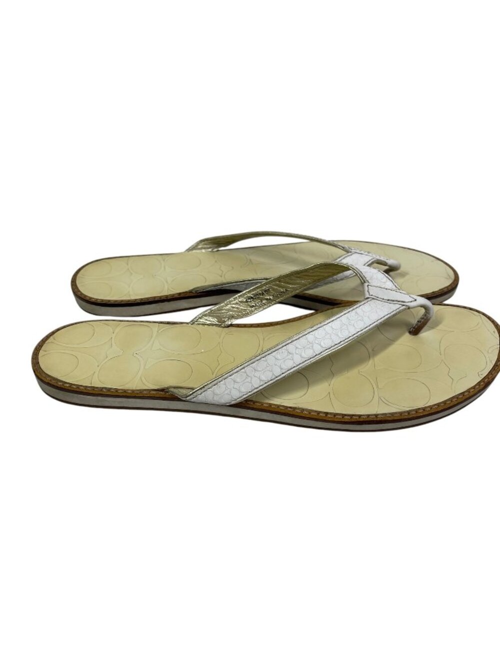 Coach Debbie Flip Flop Thong White & Gold Leather Signature Women's Size 9 A8520
